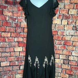 dressbarn Black Asymmetrical Dress with Embroidery
